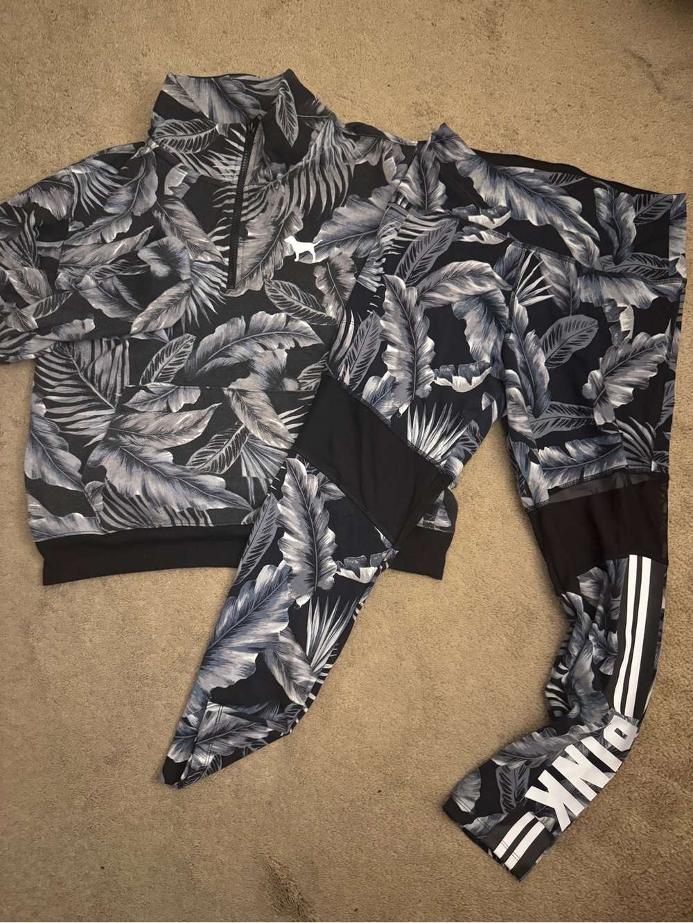 PINK Victoria's Secret Black and Gray Tropical Leaf Leggings SET